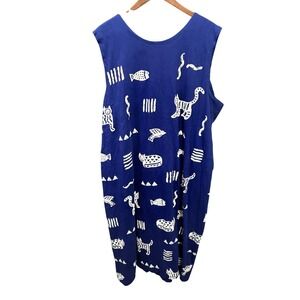 M. Mac Cotton Fields Tank Dress Womens 3x Sleeveless Blue Animal Print Cats